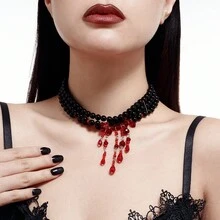 1pc Halloween Necklace Halloween Horror Blood Necklace Multi-Layer Faux Pearl Red Crystal Tassel Necklace Fashion Dark Sweet Cool Style