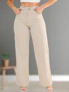 Wide Leg Feminine Plain - Beige - View 1