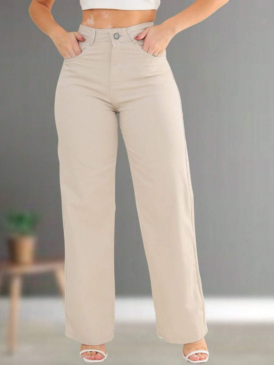 Wide Leg Feminine Plain - Beige - View 1