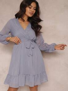 Women's Elegant Solid Color Overlap Collar Ruffle Hem Dress, Autumn - Navy Blue - View 4