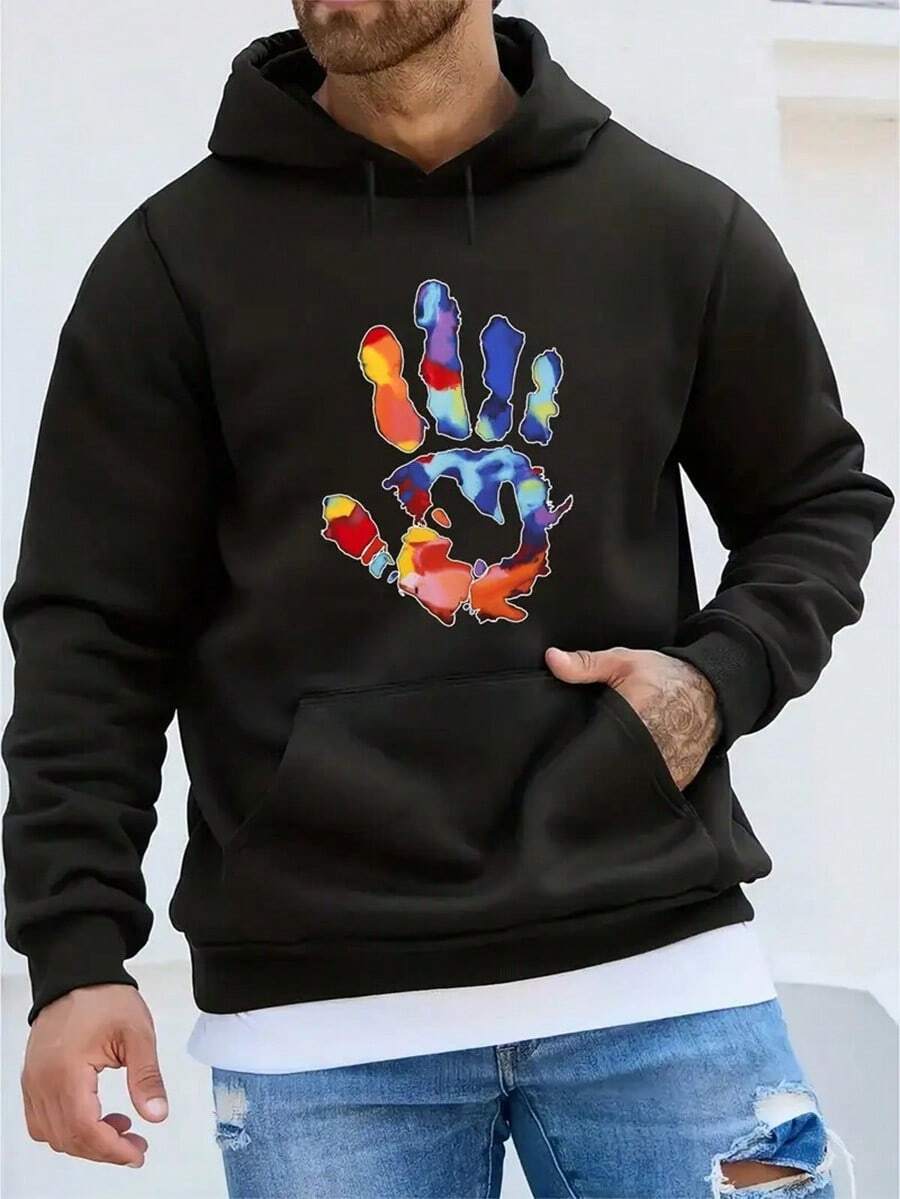 Men's Casual Hoodie With Palm Print - Cozy Polyester Pullover, Long Sleeve,  Pocket -Perfect For Fall & Winter-Stylish Streetwear Sweatshirt,Fall Hoodies,Men's Fall Clothes,Street Wear,Halloween,Mens Hoodies,Y2k Clothes,Jesus Hoodie,Thanksgiving Day,Nightmare Before Christmas,Christmas - Black - View 1