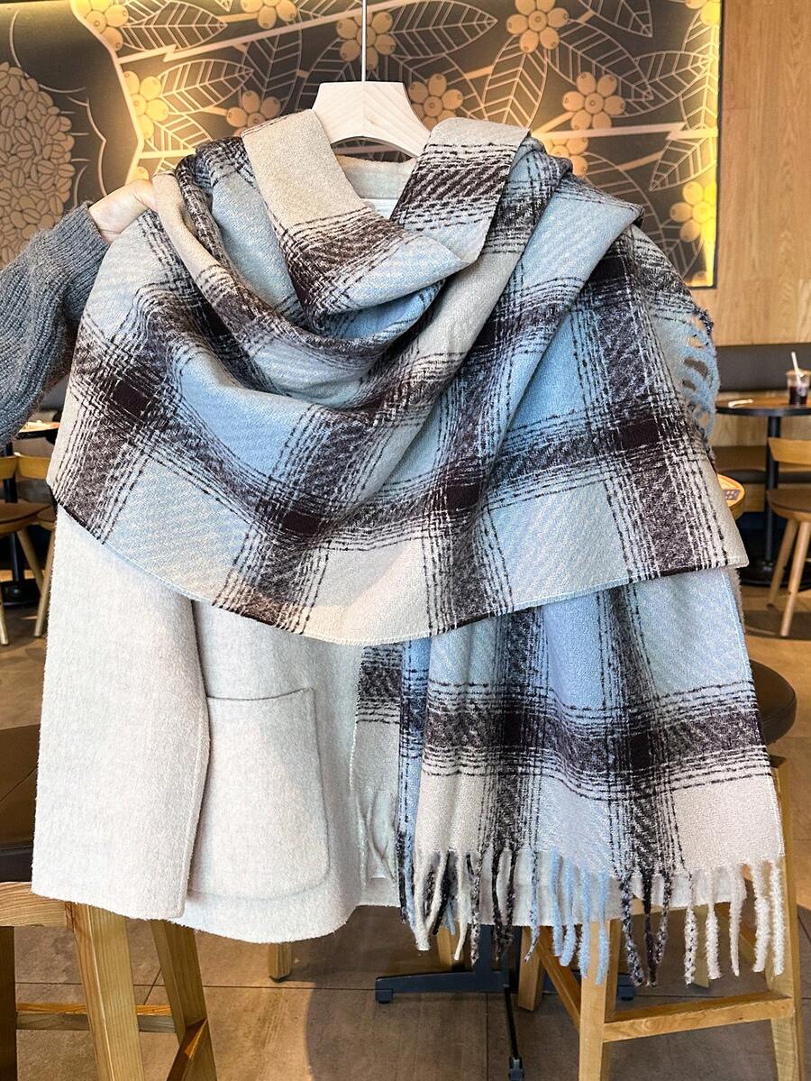 1 buc Eșarfă de damă din cașmir artificial, vintage, albastru, în carouri, casual, de lux - super moale, caldă și confortabilă, nu se întinde, rezistentă la frig, cu garnitură elegantă cu ciucuri, șal la modă, potrivit pentru toamnă/iarnă - Multicolor - Vizualizare 1