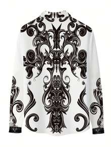 Men's Retro Geometric Print Long Sleeve Button-Down Shirt, Gothic Style Casual Formal Shirt, Suitable For Halloween, Vacation, Daily Wear, Spring & Autumn - Black and White - View 3