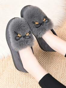 New Women Fashion Personalized Fluffy Warm Minimalist Solid Color Indoor Outdoor Travel Vacation Home Slippers, Thick Plush Slip-On Cozy Soft Bottom Casual Outdoor Wear Shoes For Winter - Grey - View 5