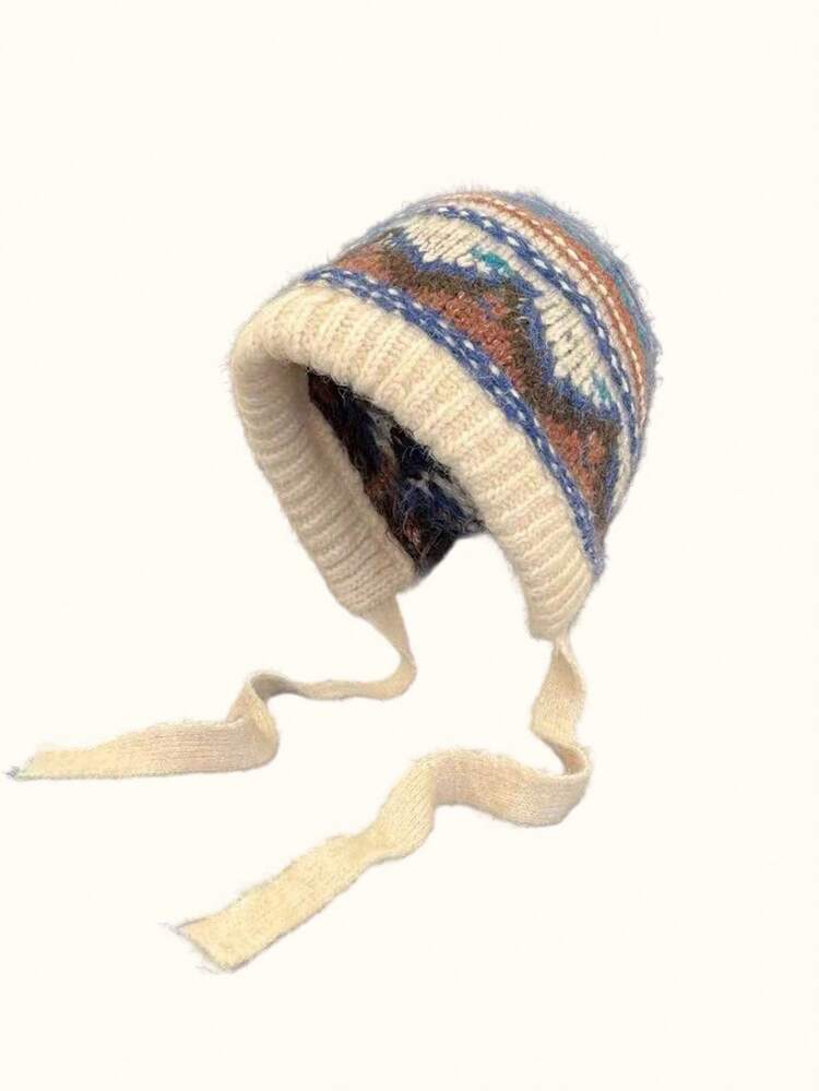 1個 ヴィンテージ ノルディック フローラル柄 イヤーウォーマー ニット帽、かわいいリボンに結べる、優れた保温性と防寒性、レトロフェアアイル編みバラクラバ 女性用、雪の日や屋外活動に適した、秋冬 - マルチカラー - 見る 7