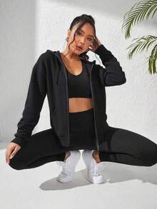 (春/秋) 女士时尚运动休闲户外健身跑步连帽夹克，女友风格纯色连帽长袖抽绳防风户外健身运动时尚连帽衫 - 黑色 - 查看 2