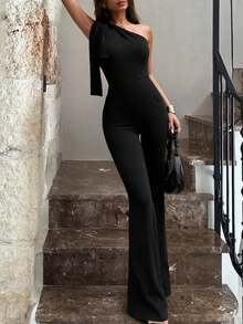 Damen Lässig asymmetrischer/asymmetrischer Jumpsuit, vielseitiger einfarbiger Träger Jumpsuit für den täglichen Gebrauch - Schwarz - Übersicht 2