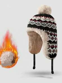 1pc Women's Autumn And Winter Big Head Circumference Plush Hanging Ball Cold Hat, With Thick Plush And Cute Ear Protection Color Blocked Knitted Hat