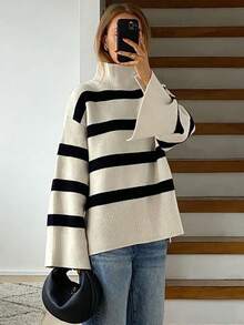 女士时尚针织条纹宽松高领长袖套头衫，常规长度，时尚侧开衩，适合日常穿着 - 黑杏色 - 查看 4