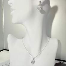 Women's Necklace And Earrings Kit With Shiny Zirconia Heart Pendant, Venetian Chain, Elegant Jewelry For Gift - 銀色 - 查看 6