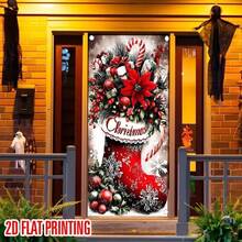 Bandera plana de puerta 2D, 1 pieza, decoración navideña, bandera de puerta con calcetín de caramelo, tela de poliéster duradera, con diseños de copos de nieve, bastones de caramelo y acebo, adecuada para la puerta principal, el porche, decoraciones navideñas interiores y exteriores, adecuada para Navidad, Año Nuevo, decoraciones de puerta de fiesta, colgantes de puerta, cortinas de puerta