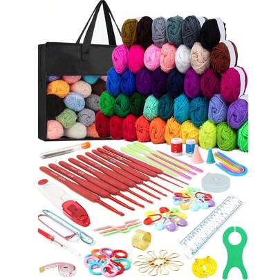 1 Bộ dụng cụ móc len cho người mới bắt đầu, bao gồm 100% sợi Acrylic, móc len và túi đựng màu đen, bộ móc len di động tiện dụng, phù hợp với mọi lứa tuổi mới bắt đầu (Phụ kiện & màu len được phân loại ngẫu nhiên)
