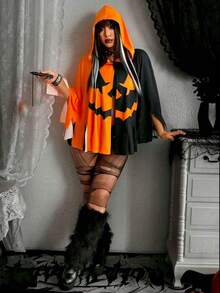 1pc Party Performance Pumpkin Cape, Black And Orange Lantern Design With Tassels, Suitable For Halloween Party Costume Role Play - Orange - View 7