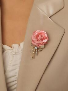 1pc Romantic Pink Rose Flower Shaped Brooch With Faux Pearl And Rhinestone Decor For Women's Casual & Party Outfits - 紅色 - 查看 3