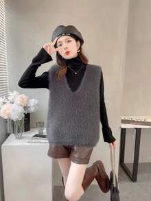 Women Sweater Vests - Dark Grey - View 2