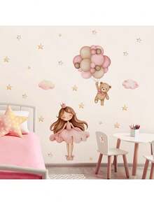 1/ 2 Sheets Cute Princess Teddy Bear Wall Stickers - 4 Styles Princess Decals,Removable Nursery Decals For Baby Girl Room Decor, Pink Gold Theme, Dreamy Wall Art & Cute Animal Stickers & Stars Clouds Balloons Design - Multicolor - View 6