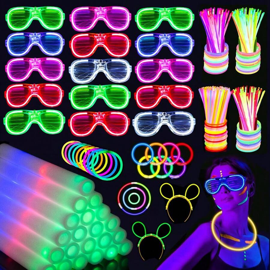 238PCS Vật dụng tiệc phát sáng trong bóng tối, 16PCS Que phát sáng bằng bọt, 16PCS Kính đèn LED, 6PCS Giá đỡ băng đô tai thỏ, 200PCS Vòng tay que phát sáng, Quà tặng tiệc neon cho sinh nhật, đám cưới, Giáng sinh, Halloween, Trang trí Halloween - Nhiều màu - Xem 1