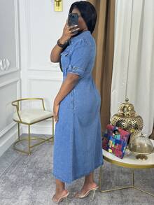 Váy denim midi cạp cao cài nút phía trước dành cho nữ - Thanh lịch, không co giãn, thích hợp mặc ở nhà, giải trí Mô tả sản phẩm bằng tiếng Anh (Định dạng 5 điểm) - Rửa trung bình - Xem 2