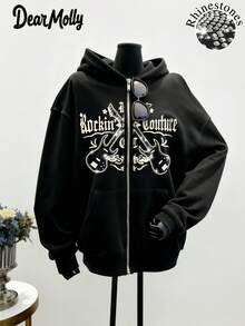 Sudadera con capucha retro de los 90 para mujer DEAR MOLLY, sudadera con cremallera de manga larga con estilo callejero de otoño, sudadera holgada con capucha gótica, sudaderas casuales de rock Y2K para mujer