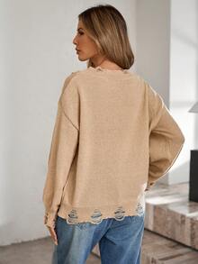 女式 V 领蝴蝶结系带做旧设计长袖套头衫，百搭秋冬装