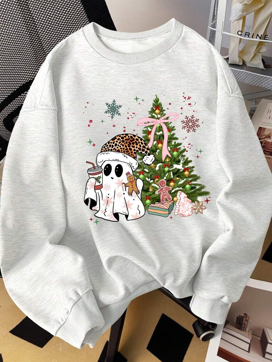 HESSEN Fall And Winter Plus-Size Women Fashion Street Style Daily Oversize Christmas Tree Snowman Pattern Hoodie, Long Sleeve Top Round-Neck Hoodie, Suitable For Party,Women's Sweatshirt,Christmas Gift