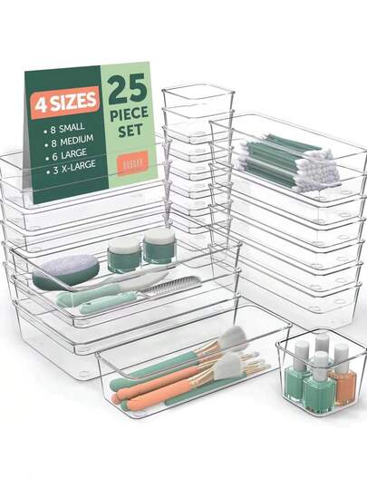 25个/套透明收纳盒，适用于梳妆台抽屉，多层托盘，多用途，适用于存放化妆品、笔和小工具，非常适合浴室、梳妆台和办公室抽屉，以及房间装饰。