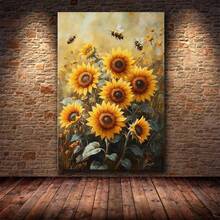 [2D Flat] 1Pc Framed Ready To Hang, Natural Abstract Flowers Painting Canvas Wall Art, Modern Retro Plant Landscape, Sunflowers With Bees Artwork Suitable For Living Room, Bedroom, Office, Dining Room Decoration Painting, Home Decor, Living Room Office Hallway Dorm Wall Decor, Posters And Prints Wall Art Pictures For Apartment Room Decor Aesthetic, Wrapped Framed Canvas Print - Màu vàng - Xem 4