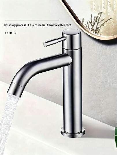 1 件不锈钢单把手弧形喷嘴浴室水龙头，现代单孔水槽水龙头，拉丝表面，经典单把手设计，单孔安装，防滴陶瓷阀芯，适用于厨房和浴室水槽，易于安装，耐用且耐腐蚀，现代表面处理，高品质阀门，现代家居必备配件，万圣节和圣诞节的理想礼物选择