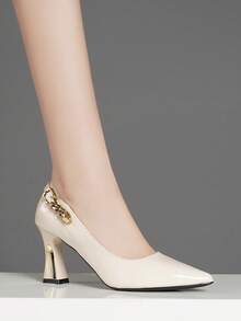 Fall/Winter Women's Fashionable Buckle Accent Solid Color Comfortable Versatile High Heel Flats, Suitable For All Seasons, Elegant - Light Apricot Color - View 4