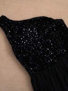 纯色修身亮片拼接雪纺无袖正式鸡尾酒会礼服