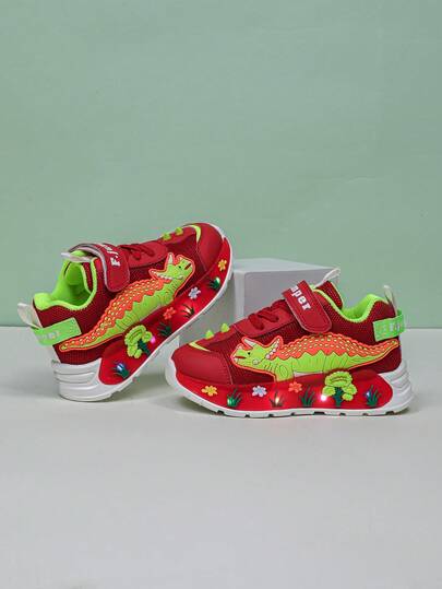Infant Fashion LED Lighting Dinosaur Mesh Breathable Sports Shoes, Suitable For Boys And Girls - Casual, Shock-Absorbing, All-Season Anti-Slip Outdoor Running And Walking Shoes