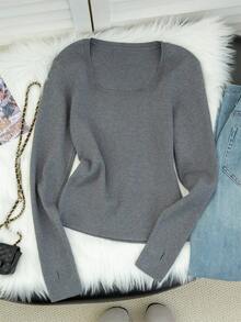 女士轻薄简约方领长袖上衣，修身下摆，春季新品，适合居家、通勤、约会、街头穿搭，时尚百搭 - 深灰色 - 查看 5