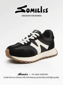 somiliss Women's Fashion Casual Sports Shoes, Suede Leather, Comfortable Thick Sole, Outdoor Walking Shoes, Suitable For Daily Commute, Black - Black - View 2