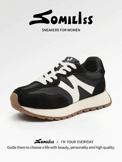 somiliss Women's Fashion Casual Sports Shoes, Suede Leather, Comfortable Thick Sole, Outdoor Walking Shoes, Suitable For Daily Commute, Black