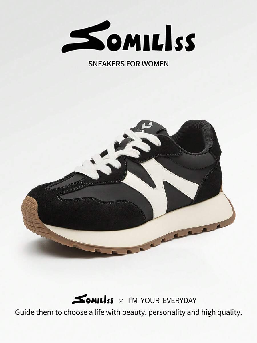 somiliss Women's Fashion Casual Sports Shoes, Suede Leather, Comfortable Thick Sole, Outdoor Walking Shoes, Suitable For Daily Commute, Black