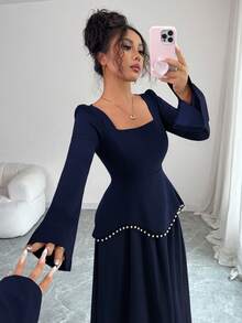 LilyHouse Women's Elegant Long Dress, Romantic Holiday Party Evening Gown With Pearl Decor, Square Neck Fitted Long Sleeve Dress, Suitable For Elegant Party Dress, Wedding, Valentine's Day - Navy Blue - View 7