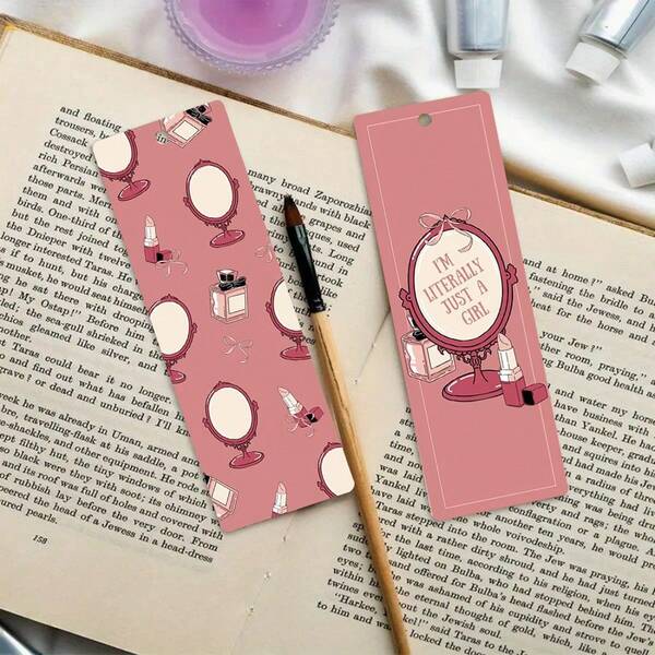 2 piezas Marcapáginas impresos por ambos lados, con diseño de espejo de maquillaje - Marcapáginas de material PET duradero para lectura, marcado de páginas, ideal para amantes de los libros, regalos de vacaciones/Navidad, suministros para el hogar/oficina/estudio, incluye borla de color aleatorio