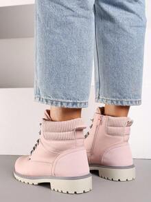 Soft Faux Suede Lace-Up Combat Boots - Women's Casual Winter Boots - Pink - View 4