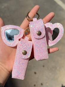 1pc Solid Color PU Leather Lipstick Holder (With Heart-Shaped Mirror) - Women's Makeup Keychain. Back To School Lipstick Holder With Heart-Shaped Mirror, Multiple Colors Available, Women's Makeup Bag, Heart-Shaped Bag Charm Fashion Keychain Pendant, Wallet, Handbag, Bag Accessory. Suitable For Parties, Weddings And Dances. Make Up Bag - White - View 11