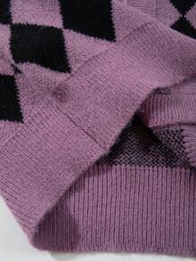 ANDREILEE 秋冬新款男士休闲宽松纯色棋盘格英文字母复古浪漫街头风V领纽扣罗纹针织长袖开衫 - 紫色 - 查看 9