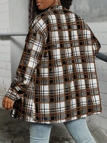 Plus Size Women's Plaid Shirt, Lightweight Jacket Shirt, Y2K Back To School Celebration Casual Commute Plaid Front Button Shirt, Casual Long Sleeve Lapel Versatile Shirt, Suitable For Daily Casual, Outdoor, Vacation Wear, All Season - Black - View 5
