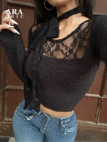 ARA CHIC Black Striped Lace Camisole, Slightly Sheer Effect, Showcases A Pure And Charming Style, Fitted Long Sleeve Top, Suitable For Dates And Office Occasions, Spring New Arrival - Black - View 4