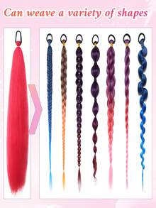 1件/2件装红色万圣节马尾假发，带拳击辫DIY马尾，弹性发圈，合成纤维扭辫马尾接发，万圣节假发 - 紅色 - 查看 5