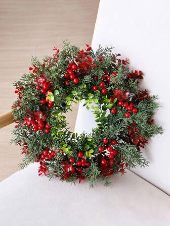 1pc 15.7inch Artificial Christmas Wreath With Red Berries Durable Rustic Hanging Fake Festive Wreath Decor Suitable For Christmas New Year Holiday Party,Door, Wall, Mantel,Table Home Decor Supplies Christmas Decorations Room Decor