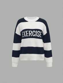 كنزة صوفية رياضية كاجوال للنساء بياقة طاقم وأكمام قصيرة، بتصميم فضفاض مع خطوط متباينة داكنة وفاتحة وطبعات حرفية، مناسبة للجري والمشي الصباحي في فصلي الخريف والشتاء