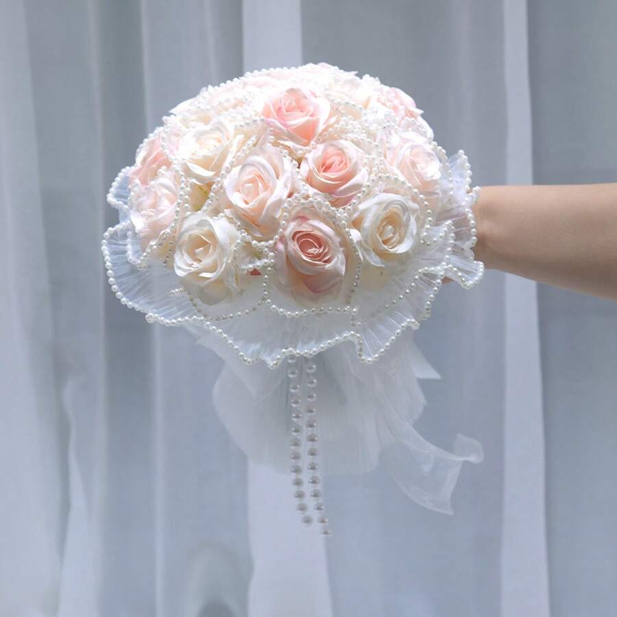 1pc Wedding Bouquets For Bride Bridesmaid, Round Holding Bouquet Throw Toss Artificial Rose Flower Bunch For Wedding, Hand Holding Flower Bouquet For Valentines Day Decor, Party Supplies And Home Decor - 樣式2 - 查看 1