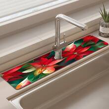 1 Stück schnell trocknendes Kieselgur und Gummi rutschfestes saugfähiges Küchen-/Badezimmer Armaturenpad, das wunderschön dekorierte Blumenmuster für Feiertage ausschneiden kann, Kieselgur rutschfeste Silikon Armaturenschutz Abflusspad, Haushalts-Küchen-Abflusspad, Waschbecken-Schutz, geeignet für alle Arten von Armaturen in Badezimmern und Küchen. - Verschiedenfarbig - Übersicht 4