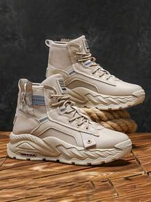 男士高帮百搭靴子小皮鞋小黑鞋休闲鞋耐磨低帮百搭工作靴新款时尚休闲鞋秋冬 - 卡其色 - 查看 3