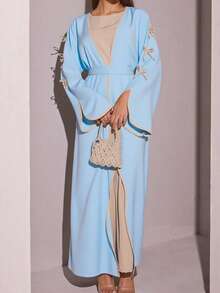 SuofeiMan New Modest Middle Eastern Style Abaya, Simple Bow Design, Light Blue Solid Color Casual Soft Comfortable Jacket With Belt, Suitable For Festivals And Daily Wear - Light Blue - View 4