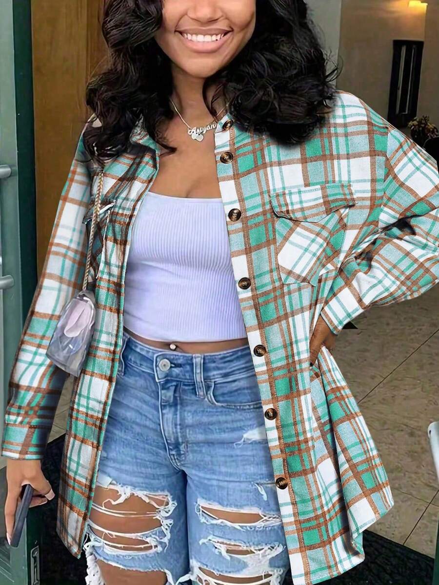 Women's Plaid Shirt Jacket, Lightweight Outer Shirt, Y2K Back To School Celebration Casual Commute Checkered Button-Front Shirt, Casual Long Sleeve Turndown Collar Versatile Shirt, Suitable For Daily Casual, Outdoor, Vacation Wear, All Season Spring